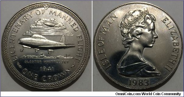 1 Crown (Isle of Man - British Crown Dependency / Queen Elizabeth II / 200th Anniversary of Manned Flight - Gloster Whittle // Copper-Nickel / Low Mintage: 50.000 pcs)