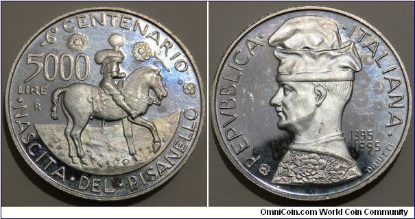 5000 Lire (Italian Republic / 600th Anniversary of the Birth of Pisanello // SILVER 0.835 / 18g / ⌀32mm / Rare, Mintage: 7800 pcs / PROOF) 