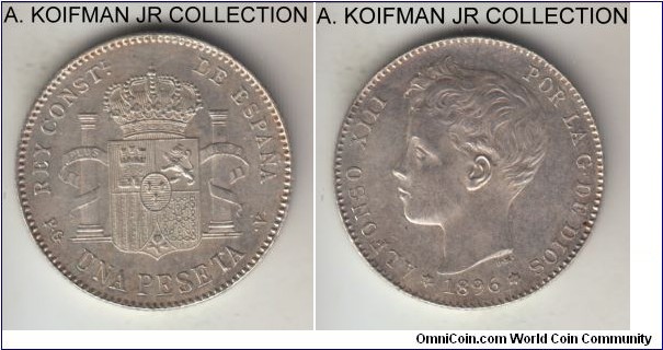 KM-706, 1896 (96) Spain peseta; silver, reeded edge; Alfonso XIII, uncirculated or almost.