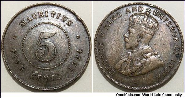 5 Cents (British Empire - Crown Colony of Mauritius / King George V // Bronze 9.7g / Mintage: 400.000 pcs)