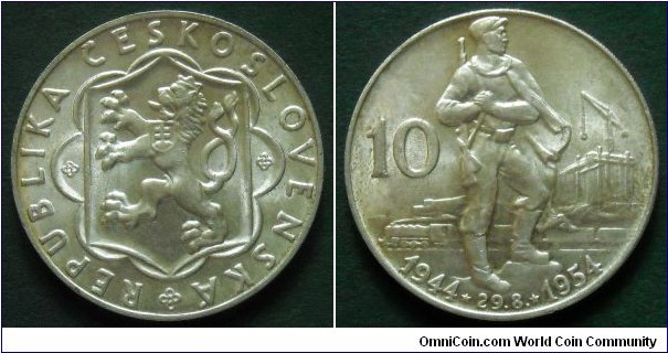 Czechoslovakia 10 korun. 1954, 10th Anniversary - Slovak Uprising. Ag 500. Weight; 12g. Diameter; 30mm. Mintage: 250.000 pcs.
