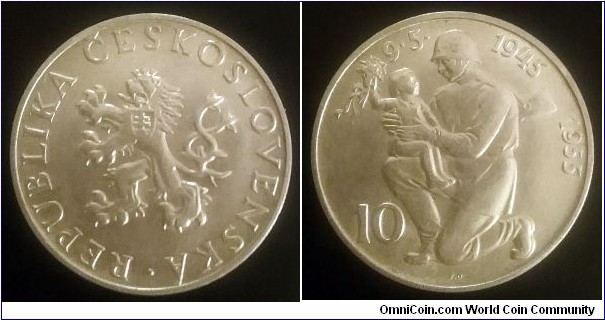 Czechoslovakia 10 korun. 1955, 10th Anniversary - Liberation from Germany. Ag 500. Weight; 12g. Diameter; 30mm. Mintage: 300.000 pcs.

