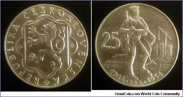 Czechoslovakia 25 korun. 1954, 10th Anniversary - Slovak Uprising. Ag 500. Weight; 16g. Diameter; 34mm. Mintage: 250.000 pcs.