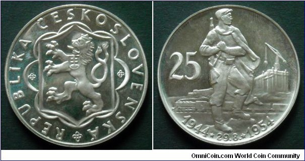 Czechoslovakia 25 korun. 1954, 10th Anniversary - Slovak Uprising. Ag 500. Weight; 16g. Diameter; 34mm. Proof. Mintage: 5.000 pcs.
