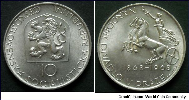 Czechoslovakia 10 korun. 1968, 100th Anniversary - Prague National Theater. Ag 500. Weight; 12g. Diameter; 30mm. Mintage: 55.100 pcs.