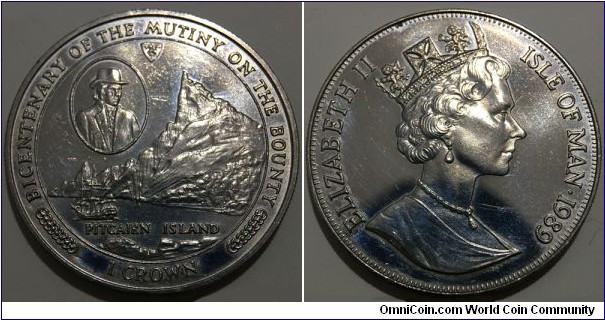 1 Crown (Isle of Man - British Crown Dependency / Queen Elizabeth II / 200th Anniversary of the Mutiny on the Bounty - Pitcairn Island // Copper-Nickel)