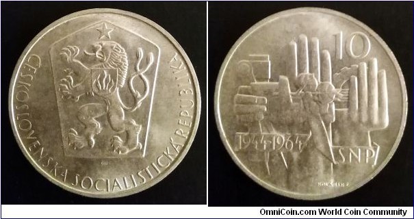 Czechoslovakia 10 korun. 1964, 20th Anniversary - Slovak National Uprising. Ag 500. Weight; 12g. Diameter; 30mm. Mintage: 120.000 pcs.