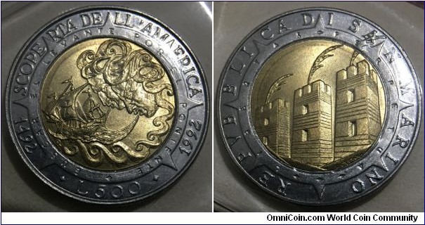 500 Lire (Republic of San Marino / 500th Anniversary of Colombus Discovery of America 1492-1992 // Bimetallic: Aluminium-Bronze centre in Stainless Steel ring / Low Mintage: 36.000 pcs)
