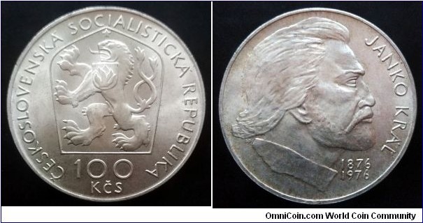 Czechoslovakia 100 korun. 1976, 100 Years - Death of Janko Kráľ. Ag 700. Weight; 15g. Diameter; 33mm. Mintage: 75.000 pcs.