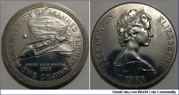1 Crown (Isle of Man - British Crown Dependency / Queen Elizabeth II / Bicentenary of manned Flight Series - Orbiter Space Shuttle // Copper-Nickel)
