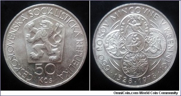 Czechoslovakia 50 korun. 1978, 650th Anniversary of Kremnica Mint. Ag 700. Weight; 13g. Diameter; 31mm. Mintage: 95.000 pcs.

