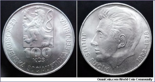 Czechoslovakia 100 korun. 1978, Julius Fučík. Ag 700. Weight; 15g. Diameter; 33mm. Mintage: 75.000 pcs.