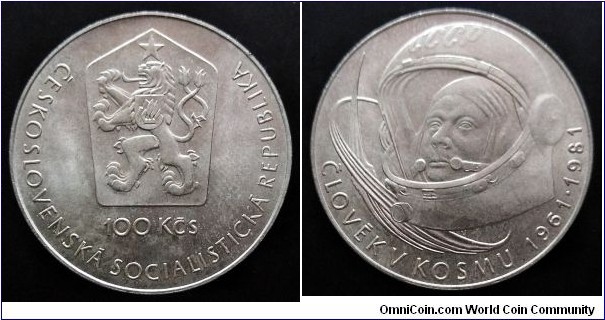 Czechoslovakia 100 korun. 1981, 20th Anniversary of the First Manned Spaceflight. Ag 700. Weight; 9g. Diameter; 29mm. Mintage: 95.000 pcs.