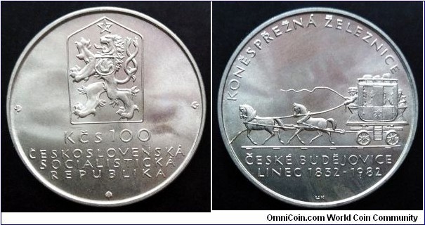 Czechoslovakia 100 korun. 1982, 150 Years - Horse drawn railway. Ag 500. Weight; 9g. Diameter; 29mm. Mintage: 76.000 pcs.