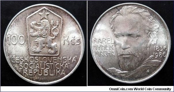 Czechoslovakia 100 korun. 1986, Karel Hynek Mácha. Ag 500. Weight; 13g. Diameter; 31mm. Mintage: 62.500 pcs. 