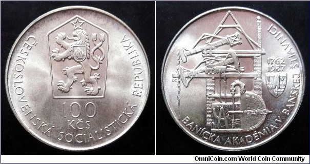 Czechoslovakia 100 korun. 1987, Mining academy in Banská Štiavnica. Ag 500. Weight; 13g. Diameter; 31mm. Mintage: 55.000 pcs.