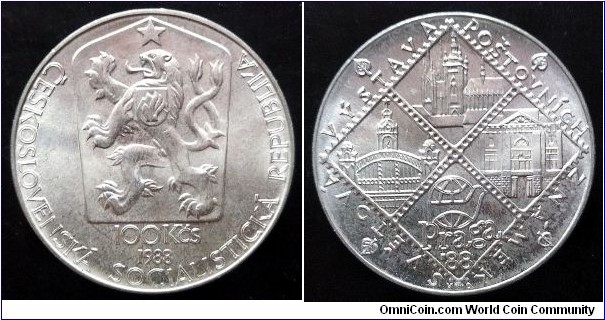 Czechoslovakia 100 korun. 1988, World Exposition of Philately - Prague 1988. Ag 500. Weight; 13g. Diameter; 31mm. Mintage: 66.000 pcs.