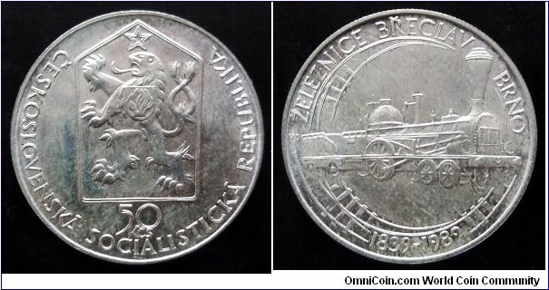 Czechoslovakia 50 korun. 1989, 150th Anniversary - Břeclav to Brno Railroad. Ag 500. Weight; 7g. Diameter; 27mm. Mintage: 67.000 pcs.