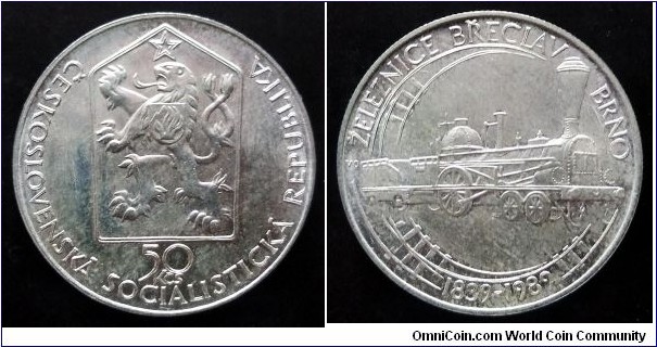 Czechoslovakia 50 korun. 1989, 150th Anniversary - Břeclav to Brno Railroad. Ag 500. Weight; 7g. Diameter; 27mm. Mintage: 67.000 pcs.