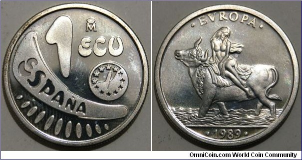 1 Ecu (Kingdom of Spain / King Juan Carlos I / The Abduction of Europa // SILVER 0.925 / 6.72g / ⌀24mm / Mintage: 204.000 pcs) 