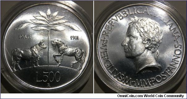 500 Lire (Italian Republic / 2000th Anniversary of the Death of Virgil // SILVER 0.835 / 11g / ⌀29.3mm / Mintage: 340.988 pcs) 