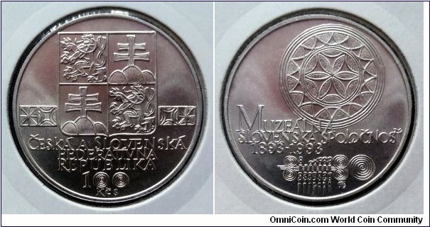 Czech and Slovak Federative Republic 100 korun. 1993, Centennial of Slovak Museum Society. Ag 700. Weight; 13g. Diameter; 31mm. Mintage: 70.000 pcs.