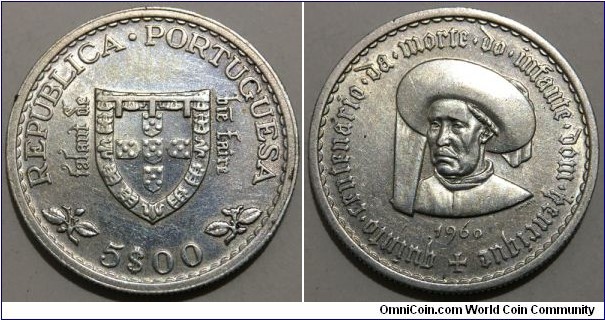 5 Escudos (2nd Portuguese Republic / Prince Henry the Navigator - V Centenary of the death of Infante D. Henrique // SILVER 0.650 / 7g / ⌀25mm / Mintage: 800.000 pcs) 