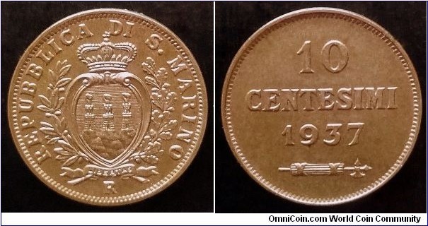 San Marino 10 centesimi. 1937, Bronze. Weight; 5,4g. Diameter; 22,5mm. Mintage: 400.000 pcs.
