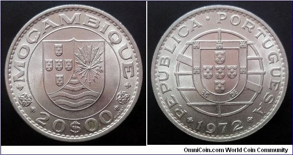Mozambique 20 escudos. 1972, Portugal administration. Nickel. Weight; 12,2g. Diameter; 29,85mm. Mintage: 1.158.000 pcs.