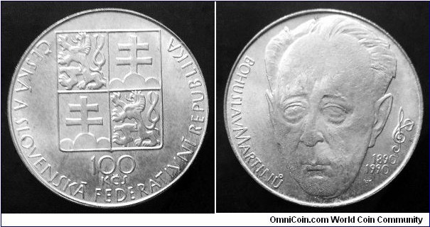 Czech and Slovak Federative Republic 100 korun. 1990, 100th Anniversary - Birth of Bohuslav Martinů. Ag 500. Weight; 13g. Diameter; 31mm. Mintage: 63.000 pcs.