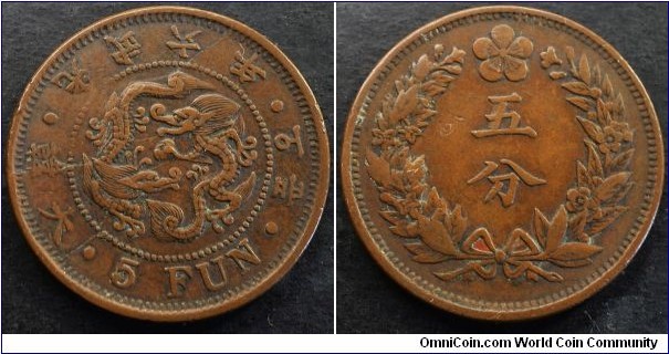 Korea 1902 5 fun. Large die crack. Weight: 7.43g