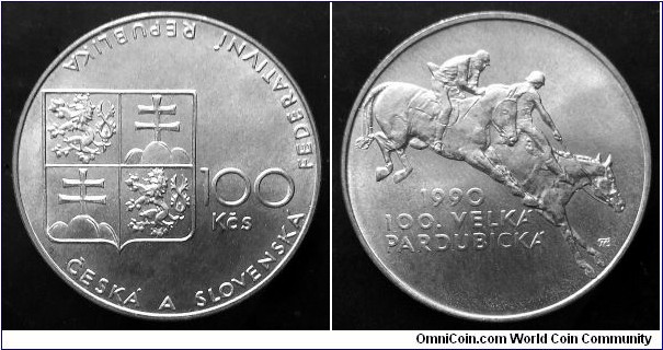 Czech and Slovak Federative Republic 100 korun. 1990, 100th Velká Pardubická steeple chase. Ag 500. Weight; 13g. Diameter; 31mm. Mintage: 67.000 pcs.