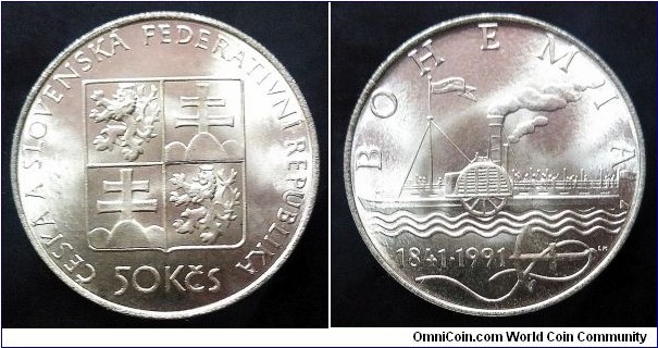 Czech and Slovak Federative Republic 50 korun. 1991, 150th Anniversary - Start of Cruises of the Steamship 