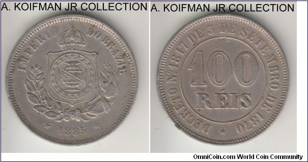 KM-483, 1885 Brazil (Empire) 100 reis; copper-nickel, plain edge; Pedro II, extra fine details.