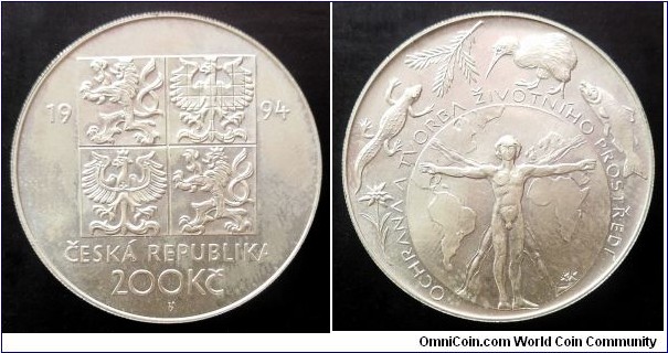 Czech Republic (Czechia) 200 korun. 1994, Protection of the Environment. Ag 900. Weight; 13g. Diameter; 31mm. Mintage: 25.000 pcs.