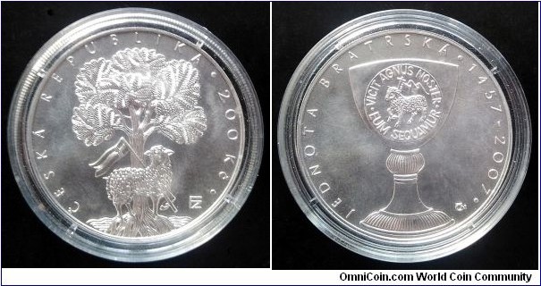 Czech Republic (Czechia) 200 korun. 2007, 550th Anniversary of the Foundation of Unitas Fratrum. Ag 900. Weight; 13g. Diameter; 31mm. Mintage: 10.500 pcs. 


