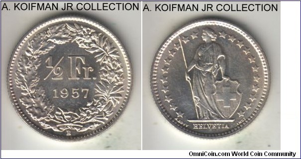 KM-23, 1957 Switzerland 1/2 franc, Bern mint (B mint mark); silver, reeded edge; circulation issue, bright white choice uncirculated.