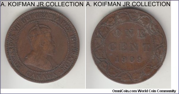 KM-8, 1909 Canada cent; bronze, plain edge; Edward VII, brown fine or so.