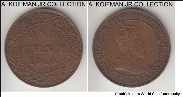 KM-8, 1910 Canada cent; bronze, plain edge; Edward VII, last and more common year of the type, brown good extra fine.