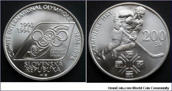 Slovakia 200 korun. 1994, 100th Anniversary - Olympic Committee. Ag 750. Weight; 20g. Diameter; 34mm. Mintage: 75.000 pcs.