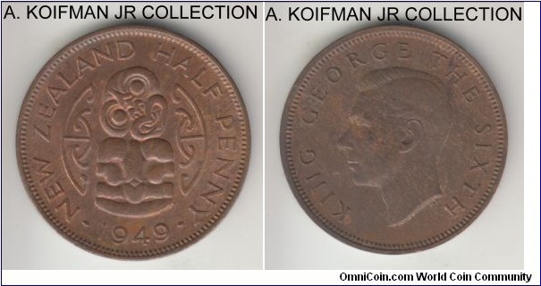 KM-20, 1949 New Zealand 1/2 penny; bronze, plain edge; George VI, first year of the type, brown borderline uncirculated.