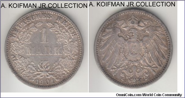 KM-14, 1901 Germany (Empire) mark, Hamburg mint (J mint mark); silver, reeded edge; Wilhelm II, key mint of the year, extra fine or almost.