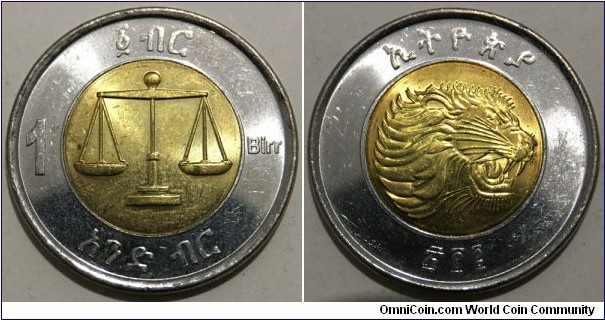 1 Birr (Federal Democratic Republic of Ethiopia // Bimetallic: Brass plated Steel centre - Nickel plated Steel ring / Issue of 2010) 