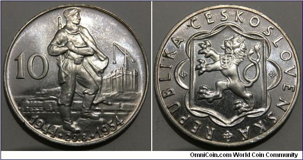 10 Korun (4th Republic of Czechoslovakia / 10th Anniversary - Slovak Uprising // SILVER 0.500 / 12g / ⌀30mm / Mintage: 250.000 pcs / 66.959 pieces destroyed) 