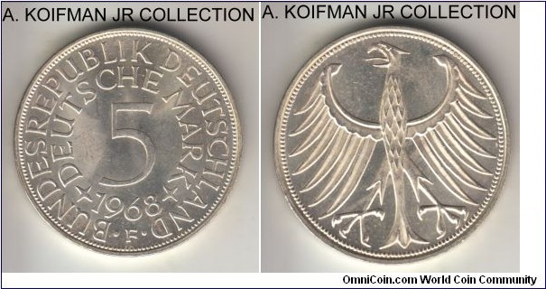 KM-112.1, 1968 Germany 5 marks, Stuttgart mint (F mint mark); silver, lettered edge; circulation issue, one of the smaller mintage years, choice white uncirculated.