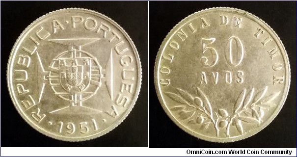 Timor 50 avos. 1951, Portugal administration. Ag 650. Weight; 3,5g. Diameter; 20mm.