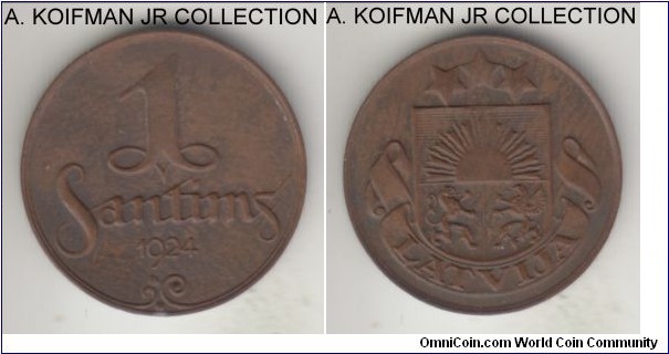 KM-1, 1924 Latvia santims, Huguenin Frères mint (Switzerland); bronze, plain edge; First Republic, the mint name and designer are visible, brown good extra fine.