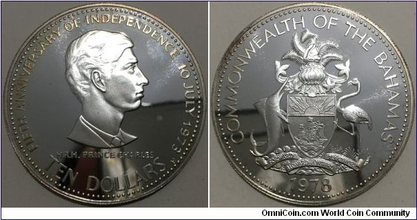 10 Dollars (Commonwealth of the Bahamas / Queen Elizabeth II / 5th Anniversary of Independence // SILVER 0.500 / 45.36g / ⌀50mm / Low Mintage: 50.000 pcs / PROOF) 