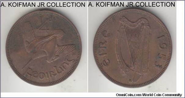 KM-9, 1953 Ireland farthing; bronze, plain edge; dark and heavy toned, uncirculated details.