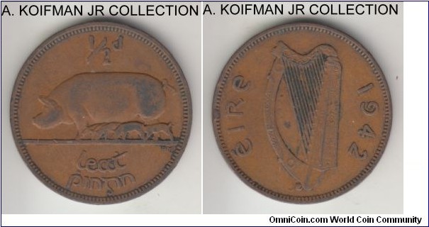 KM-10, 1942 Ireland half penny; bronze, plain edge; common year, light brown very fine or about.